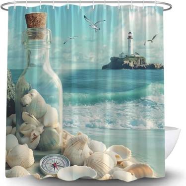 Imagem de CWHCWA Cortina de chuveiro de praia, oceano, farol costeiro, náutico, tropical, litoral, litoral, paisagem havaiana, conchas, decoração de banho, cortina com ganchos