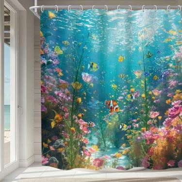 Imagem de Imirell Cortina de chuveiro de peixes oceânicos 182x182 cm A paisagem subaquática verão peixes tropicais praia mar submarino flores silvestres corais plantas tecido impermeável poliéster com 12