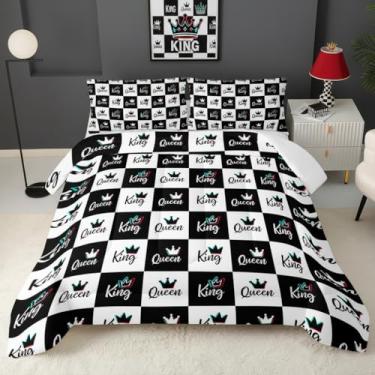 Imagem de QOOMO Jogo de cama infantil xadrez preto e branco, coroa de desenho animado, tamanho casal, para decoração de quarto de meninos, meninas e adolescentes, macio e leve para todas as estações, 1 edredom