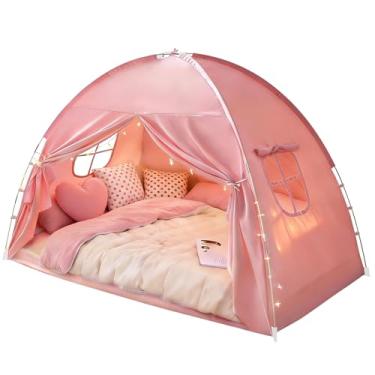 Imagem de Tenda para cama tamanho solteiro – espaço de dormir com privacidade com design blackout, respirável e portátil, para transição de crianças pequenas, uso no chão do quarto com corrente de ar (rosa, 75