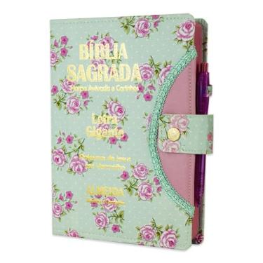 Imagem de Biblia Sagrada Gigante Botão -Floral Verde - C/ Harpa - REI DAS BIBLIA