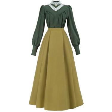 Imagem de FCCAM Vestido Vitoriano Verde para Mulheres 1800 Vestido Eduardiano Vestido de Baile Renascentista Fantasia com Bolsos, Verde, P