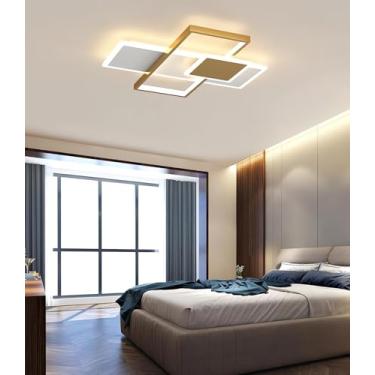 Imagem de Luminária de teto LED moderna, estilo nórdico, retangular, embutida, com intensidade regulável e controle remoto, ideal para sala de estar, escritório, quarto e sala de jantar (dourada, 52 c