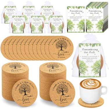 Imagem de 50 conjuntos de presentes de reunião de família, inclui porta-copos de cortiça absorvente com cartões e sacos de presente de organza para presente de festa de reunião de reunião