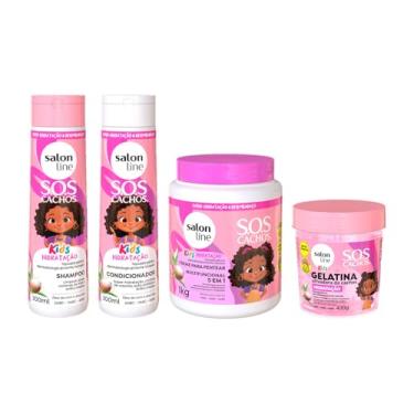 Imagem de Kit SOS Cachos Kids, Shampoo, Condicionador, Creme para Pentear, Gelatina, Salon Line, Vegano - Para Cabelos Ondulados, Cacheados e Crespos, 4 Unidades