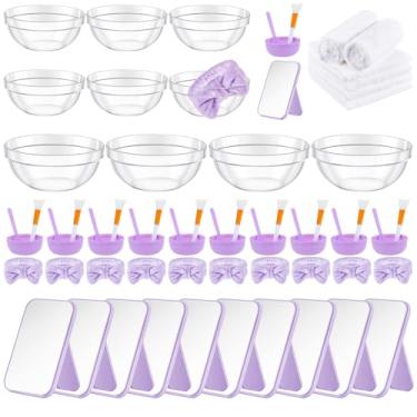 Imagem de Teenyyou Conjunto de 10 suprimentos roxos de spa para meninas e mulheres, inclui tigela de máscara facial com faixa de cabeça, espátula, escova de silicone, espelho, toalha de rosto, faça você mesmo