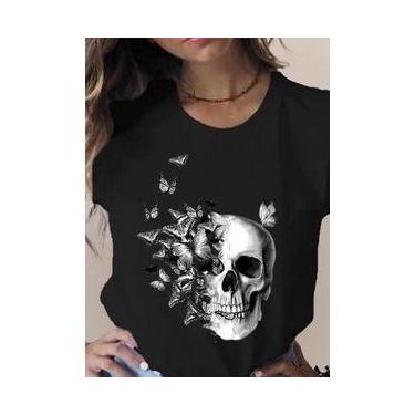 Imagem de Camiseta Feminina Diversas Estampas Caveira Flores Borboletas - loja d