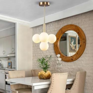 Imagem de Lustre moderno estilo meados do século XX com cúpula de vidro, modelo Sputnik, com 13 lâmpadas, em latão dourado, estilo vintage, ideal para sala de jantar, cozinha, ilha e quarto (5 lâmpada