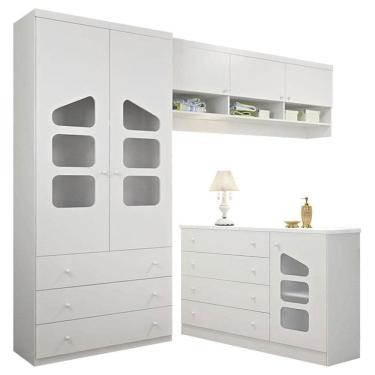 Imagem de Guarda Roupa Infantil 2 Portas Com Modulo Aéreo E Cômoda Eloisa Branco Brilho - Phoenix Baby