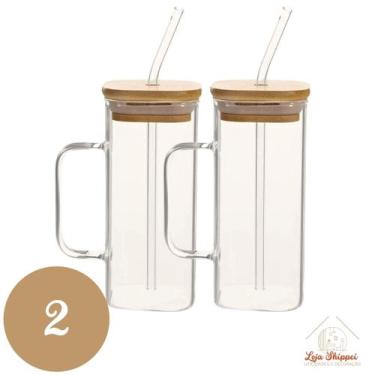 Imagem de Copo de Vidro Quadrado 350ml com Alça e Tampa Bambu e Canudo - TOP ÚTI