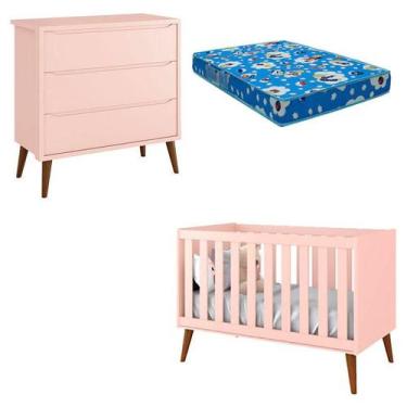 Imagem de Berço Americano e Cômoda Infantil Gaveteiro Theo Rosa Pés Amadeirados 
