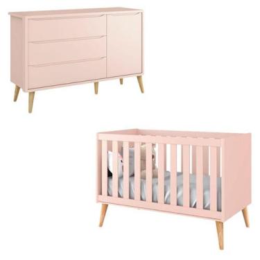 Imagem de Berço Americano e Cômoda Infantil 1 Porta Theo Rosa com Pés Madeira Na