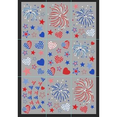 Imagem de AnyDesign 9 folhas adesivos patrióticos para janela de 4 de julho vermelho azul estrela americana coração de fogos de artifício adesivos reutilizáveis decoração para festa do dia da independência casa