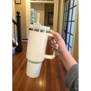 Imagem de Copo Térmico Inox 304 com Canudo e Alça | Garrafa Térmica de 1,2 Litros (1200ml) para Academia, Trabalho e Viagem(bege)