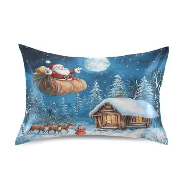 Imagem de Blueangle Fronha de cetim voadora de Papai Noel para cabelo e pele, fronha de seda, tamanho padrão (51 x 66 cm) - Capas de almofada de cetim com fecho de envelope (602)
