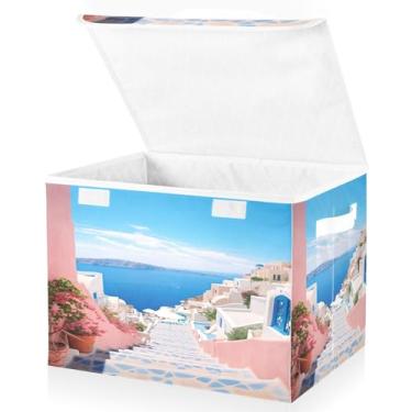 Imagem de Blueangle Cestos de armazenamento românticos Villagecore com tampas, 42 x 32 x 30 cm, grande cesta organizadora dobrável para decoração de casa e escritório (378)