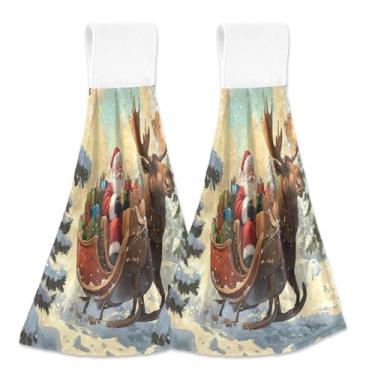 Imagem de Blueangle 2 peças de toalhas de gravata penduradas de papai noel rena toalha de mão toalha de mão absorvente de veludo coral macio pano para cozinha banheiro (505)