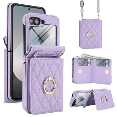 Imagem de Capa carteira para Samsung Galaxy Z Flip6, capa de telefone com suporte de anel de 360° e protetor de tela, capa protetora de couro PU TPU com fecho magnético para mulheres e homens (roxo)