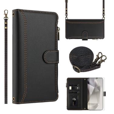 Imagem de Asuwish Capa carteira para Samsung Galaxy S24 Ultra 5G com protetor de tela de vidro temperado transversal de couro flip zíper suporte para cartão de crédito celular S24Ultra 24S S 24 24Ultra feminina