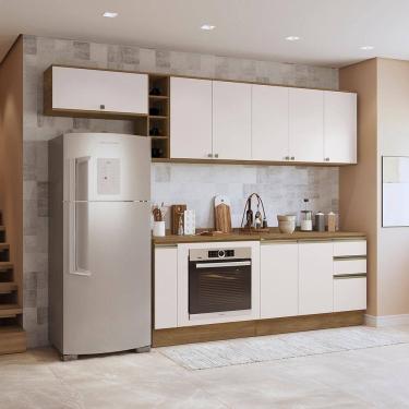 Imagem de Armário De Cozinha Completa 3 Gavetas 100% Mdf 300cm Nogueira/branco Celeste Kappesberg