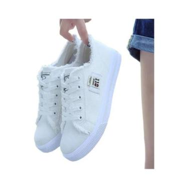 Imagem de Tênis De Lona Brancos Femininos Versáteis Casuais Confortáveis Para Es