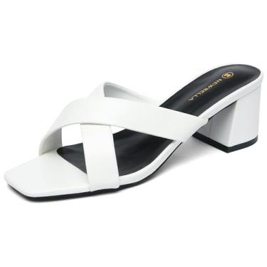 Imagem de NEWBELLA Sandálias femininas de salto quadrado - Design de alça cruzada com salto bloco, sandálias casuais de verão para praia e uso diário, Branco, 40