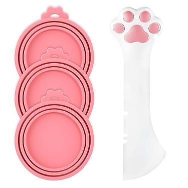 Imagem de 3 capas de lata de comida com colher fofa, tampas de silicone para latas de alimentos, tampa para gatos e cães com colher em forma de pata para frascos de alimentação de cães e gatos (rosa)