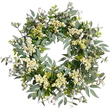 Imagem de Bibelot Guirlanda de eucalipto para porta da frente de 55 cm, guirlanda de folhas verdes artificiais com frutas brancas, guirlandas de primavera para todas as estações para decoração de casamento