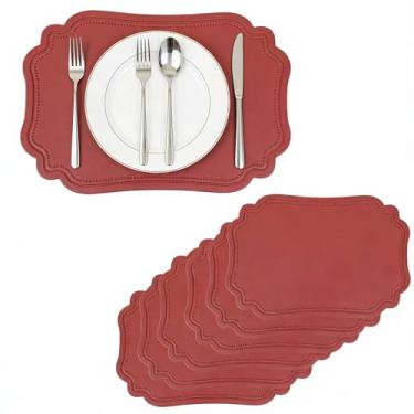 Imagem de Conjunto de 6 jogos americanos de couro sintético vermelho, à prova d'água, para mesa de jantar, tapetes de mesa de cozinha ecológicos, resistentes ao calor, antiderrapantes, laváveis, protetores de