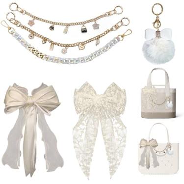 Imagem de FTTYUBE Kit de decoração de 6 peças com laço de bolas de pelúcia pérola, compatível com Yeti Camino 20/35/50 Carryall Bogg Beach Tote Bags Acessórios, arco decorativo e acessórios de pérola Pom Pom