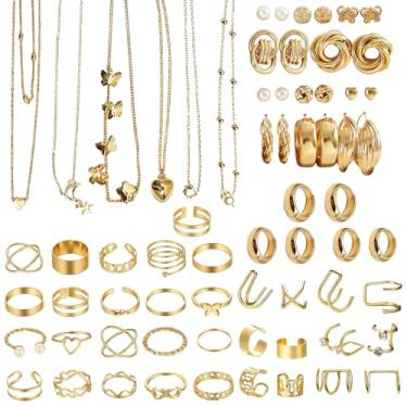 Imagem de Conjunto de 52 peças de joias de ouro para mulheres, colares multicamadas banhados a ouro 14K, pulseiras empilháveis, anéis de junta e brincos de argola, pingentes elegantes da moda para aniversário