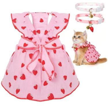 Imagem de 2 coleiras destacáveis de algodão para cães com pingente de morango e sino + 1 vestido de gato pequeno para cães, fantasia de gato, roupa fofa decorada com laço, conjunto de aniversário para animais