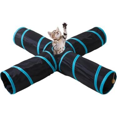 Imagem de Túnel Para Gato Dobrável com 4 Saídas - Brinquedo Interativo para Gatos Azul e Preto