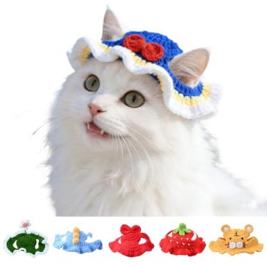 Imagem de Chapéu de gato de neve branca, chapéus de malha fofos de algodão e macios para gatos, festa de aniversário, chapéu de cachorrinho de Natal para animais de estimação pequenos (neve branca, M)