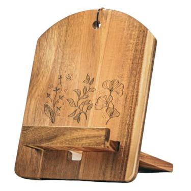 Imagem de Suporte de livro de receitas de madeira para balcão de cozinha – Suporte reversível para livro de receitas de madeira com cartão de conversão de medição de culinária – Suporte ajustável para tablet e