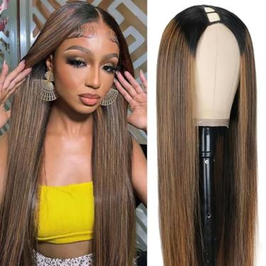 Imagem de Perucas femininas com destaque de 55 cm, densidade de 200% FB30, peruca de cabelo humano liso com cordão elástico, sem costura, não deixa de fora, sem cola, cor marrom ombré, peruca amigável para