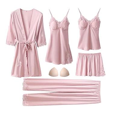 Imagem de HHHJQFAAT Conjunto de pijama feminino pijama feminino roupa de dormir feminina pijama de cetim camisola 5 peças roupão vestido de noite XXL azul marinho-B (conjunto de tinta a)