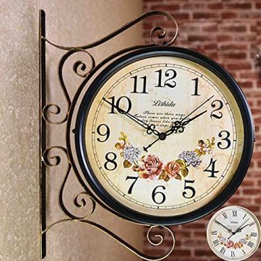 Imagem de SLGGPJBU Relógio de parede dupla face vintage Grand Central Station relógio de parede 360 graus ferro forjado retro relógio de parede antigo para interior exterior casa jardim