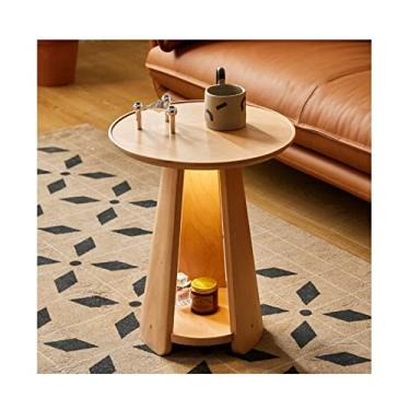 Imagem de Mesa central redonda mesa lateral de madeira pequena mesa de centro sala de estar quarto mesa de canto rack de armazenamento duplo com luz noturna mesa de quarto
