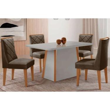 Imagem de Conjunto: Mesa de Cozinha Tilia Curvo 120cm + 4 Cadeiras Pietá Madeira Naturale/Off White - Capuccino/Linho Capuccino - Rufato