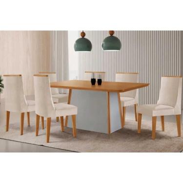 Imagem de Conjunto: Mesa Sala Jantar Tilia c/ Tampo Madeirado Canto Curvo 180x90cm e 6 Cadeiras Dakota Naturale/Off White - Suede Creme - Rufato