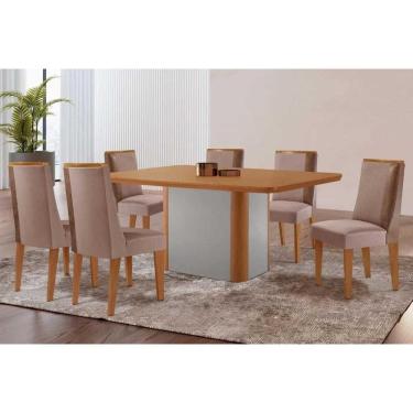 Imagem de Conjunto: Mesa Sala Jantar Pietá c/ Tampo Madeirado Canto Curvo 180x90cm e 6 Cadeiras Tilia Naturale/Off White - Linho Capuccino - Rufato