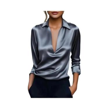 Imagem de Camisa Casual Elegante De Seda Com Manga Longa Para Mulheres, Colarinh