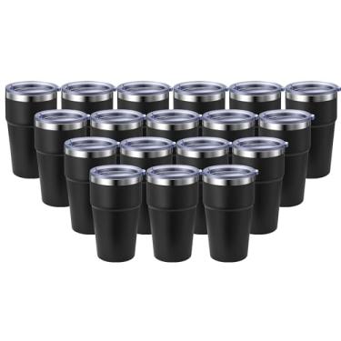 Imagem de MEWAY Caneca de viagem isolada a vácuo de parede dupla de 473 ml, copos de aço inoxidável com tampa, copos de café revestidos em pó para bebidas frias e quentes (preto, pacote com 18)