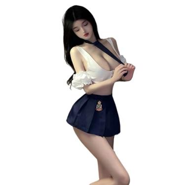 Imagem de SINMIUANIME Fantasia sexy de aeromoça de bordo para mulheres, fantasias de corrida, cosplay, lingerie, roupa de festa (2689 branco azul)