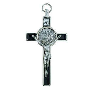 Imagem de Vatican Imports Crucifixo de São Bento esmaltado colorido de 7,6 cm com medalha redonda de São Bento, cordão e livreto (tom prateado com esmalte preto)