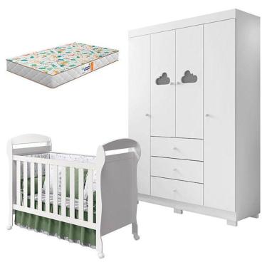 Imagem de Berço Americano Danny E Guarda Roupa Infantil Ane Branco Brilho Com Colchão Gazin – Phoenix Baby