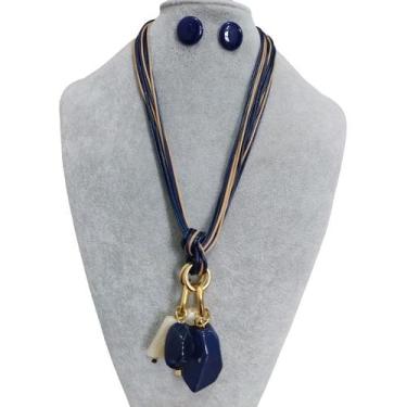 Imagem de Colar feminino fio resina pedras cristais kit brinco luxo - MLBpel, Az