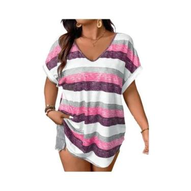 Imagem de Camiseta De Verão plus Size Com Decote Em V Listrada 1XL-5XL Para Mulh