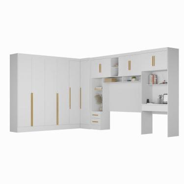 Imagem de Guarda-roupa Modulado 5 Peças 12 Portas com Cabeceira até 158cm e Escrivaninha Branco